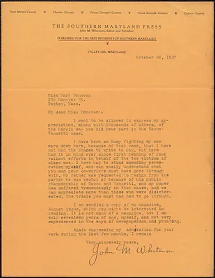John M. Whitman typed letter signed to Mary Donovan, Valley Lee, Md., October 24, 1927