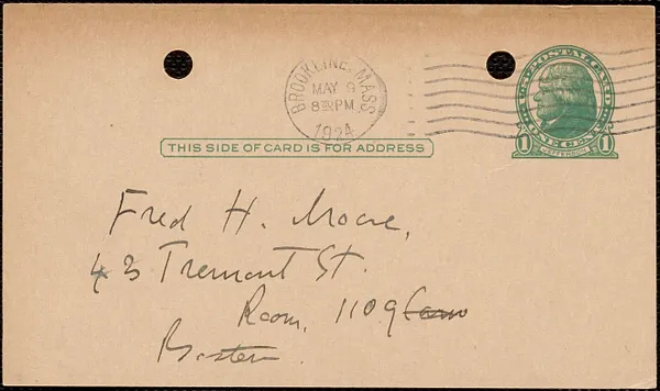 E[lizabeth] G[lendower] Evans autograph note signed (postcard) to Fred H. Moore, Brookline, Mass., May 9, 1924