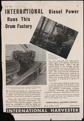 1936 International Harvester ad featuring Noble & Cooley diesel