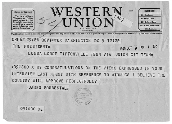 Telegram from Secretary of the Navy James Forrestal to President Harry S. Truman