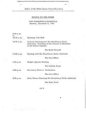 President's Schedule, Monday, December 6, 1976