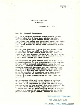 Letter from President Ronald Reagan to General Secretary Mikhail Gorbachev, 10/31/1985