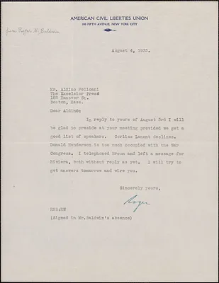 Roger [N. Baldwin] (American Civil Liberties Union) typed letter signed to Aldino Felicani, New York, N. Y., August 4, 1933