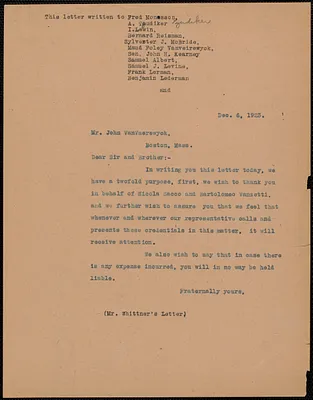 Adolph G. Wittner typed letter (circular) to John van Vaerewyck, Boston, Mass., December 6, 1923