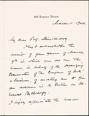 Prince, Morton, 1854-1929 autograph letter signed to Hugo Münsterberg, Boston, 11 March 1904