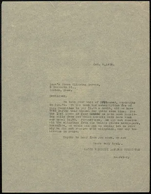 Sacco-Vanzetti Defense Committee typed letter (copy) to Luce's Press Clipping Bureau, Boston, Mass., October 8, 1926