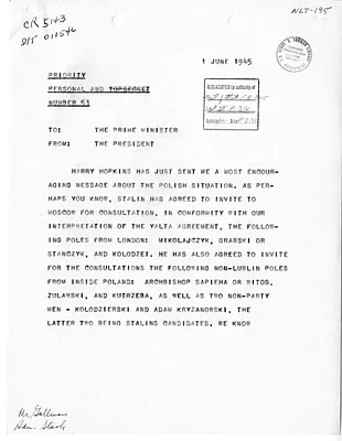 Telegram from President Harry S. Truman to Prime Minister Winston Churchill