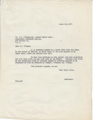 Letters Sent to C.C. O'Regan, March 1, 1927