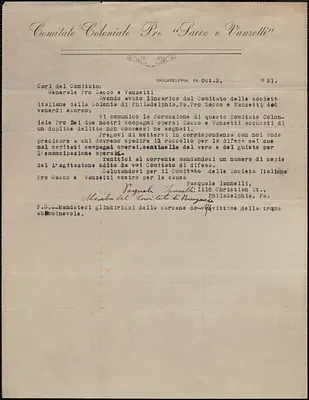 Pasquale Iannelli (Comitato Coloniale Pro "Sacco e Vanzetti") typed letter signed, in Italian, to Sacco-Vanzetti-Defense Committee, Philadelphia, Pa., October 2, 1921