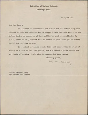 Felix Frankfurter typed letter signed to Gardner Jackson, Cambridge, Mass., August 20, 1927