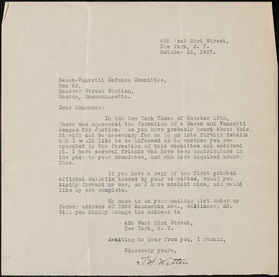 T. S. Wetter typed letter signed to Sacco-Vanzetti Defense Committee, New York, N. Y., October 25, 1927