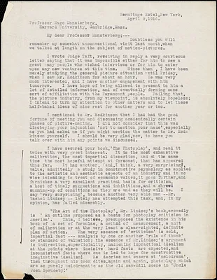 Ashley, Raymond T. fl.1916 typed letter signed to Hugo Münsterberg, New York, 09 April 1916