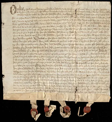 Grant in tail of real property from Johanna Hawkeslowe senior, Walter Lane, and William Reddeberede to Johanna Hawkeslowe junior and Ellen (Hawkeslowe) Palmer