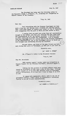 Press Release, Correspondence Between President Harry S. Truman and Joseph J. O'Connell