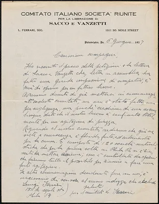 Luigi Ferrari (Comitato Italiano Societa Riunite per la Liberazione di Sacco e Vanzetti) autograph letter signed, in Italian, to Sacco-Vanzetti Defense Committee, Philadelphia, Pa., June 6, 1927