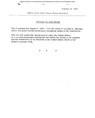 President Signs S. 2382, For the relief of Caridad R. Balonan [Signing Statements and Announcements]