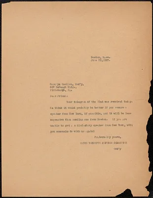 Sacco-Vanzetti Defense Committee typed note to Carolyn Scollen (Sacco Vanzetti Defense Commitee of Western Pennsylvania), Boston, Mass., June 23, 1927