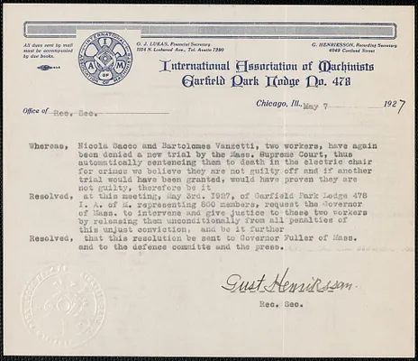Gust Henriksson (International Association of Machinists, Garfield Park Lodge No. 478) typed letter signed (copy) to Sacco-Vanzetti Defense Committee, Chicago, Ill., May 7, 1927