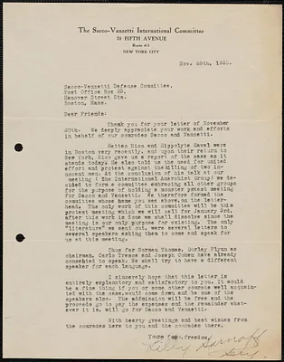 Lilly Sarnoff (The Sacco-Vanzetti International Committee) typed letter signed to Sacco-Vanzetti Defense Committee, New York, N.Y., November 25, 1925