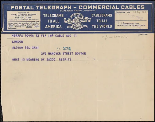 Lovell telegram to Aldino Felicani, London, Eng., August 11, 1927