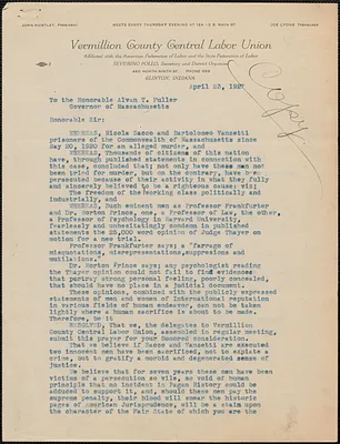 J[ohn] R. Huntley (Vermillion County Central Labor Union) typed letter signed (copy) to Alvan T. Fuller, Glinton, Ind., April 23, 1927
