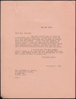Creighton J. Hill typed letter (copy) to Gertrude L. Winslow (The Community Church), [Boston, Mass.], November 22, 1927