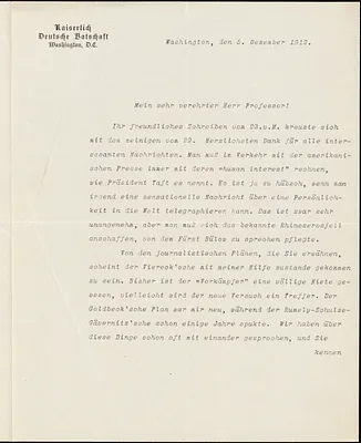 Bernstorff, Johann Heinrich, Graf von, 1862-1939 typed letter signed to Hugo Münsterberg, Washington, D.C., 05 December 1910