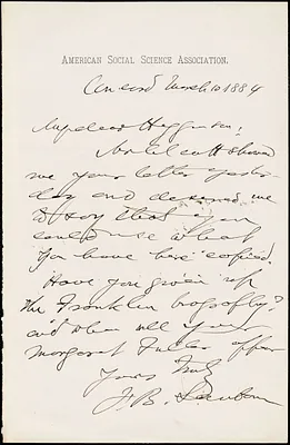 Franklin Benjamin Sanborn autograph note signed to Thomas Wentworth Higginson, Concord, Mass., 10 March 1884