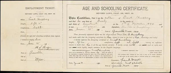 Age and schooling certificate, Ernest Humphrey