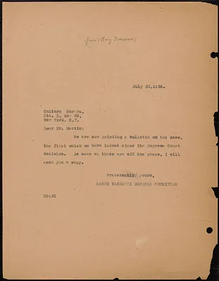 Sacco-Vanzetti Defense Committee typed note (copy) to Alberto Martini (Cultura Obrera), Boston. Mass., July 30, 1926