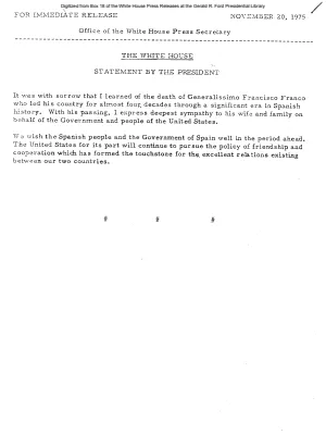 Statement by the President on the death of Generalissimo Francisco Franco of Spain [Ford Speech or Statement]