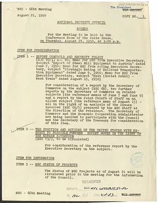 Agenda for the Sixty-Sixth Meeting of the National Security Council