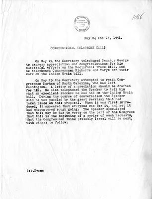 Memorandum of Telephone Conversations with Secretary of State Dean Acheson, Senator Walter George, Congressman James Richards, Congressman John Vorys, and Speaker of the House Sam Rayburn