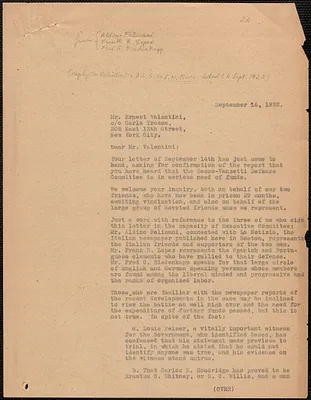 Sacco-Vanzetti Defense Committee typed letter (copy) to Ernest Valentini, care of Carlo Tresca, Boston, Mass., September 16, 1922
