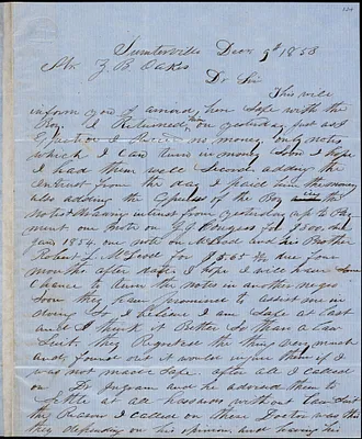 A. J. McElveen, Sumterville, S.C., autograph letter signed to Ziba B. Oakes, 9 December 1853