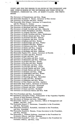 Guest List for Dinner in Honor of the Governors and Their Wives on February 20, 1975