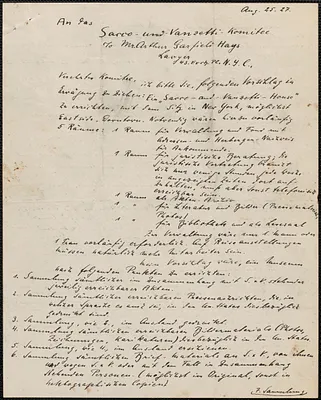 [Cara?] autograph letter signed, in German, to Sacco-Vanzetti Defense Committee care of Arthur Garfield Hays, [Germany], August 25, 1927