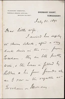 [John Biddulph Martin] autograph note to [Victoria Woodhull Martin, Tewkesbury, England], July 31, 1891