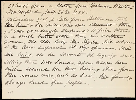 Extract of a letter from Debora Weston, New Bedford, [Mass.], July 26th, 1839
