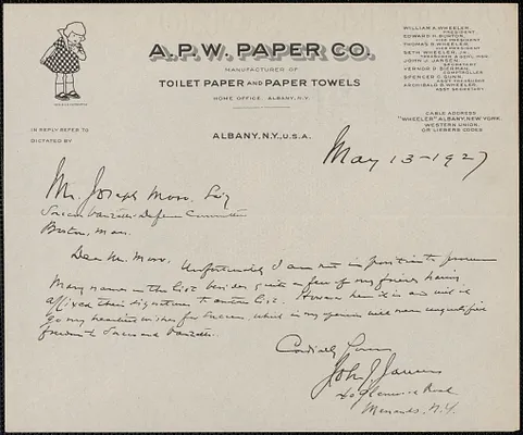 John J. Jansen autograph note signed to Joseph Moro, Albany, N.Y., May 13, 1927