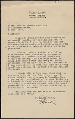 L. E. Daniels typed note signed to Sacco-Vanzetti Defense Committee, Columbia Falls, Mont., September 8, 1927