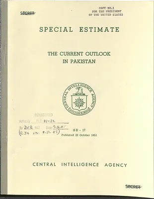 Report, Central Intelligence Agency, The Current Outlook in Pakistan, Special Estimate 17