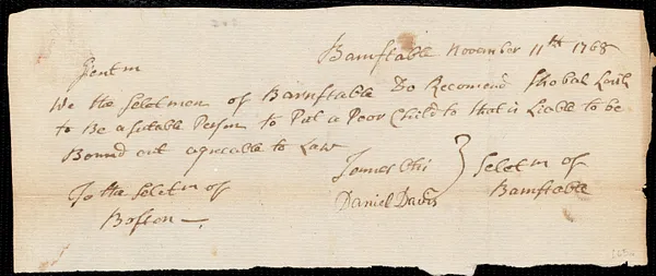 James Hudson Vokes indentured to apprentice with Shubael Lovell of Barnstable, 16 November 1768