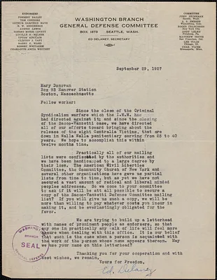 Ed Delaney (General Defense Committee, Washington Branch) typed letter signed to Mary Donovan, Seattle, Wash., September 29, 1927