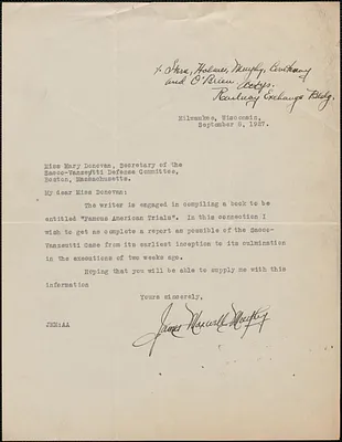 James M. Murphy typed letter signed to Mary Donovan, Milwaukee, Wis., September 8, 1927
