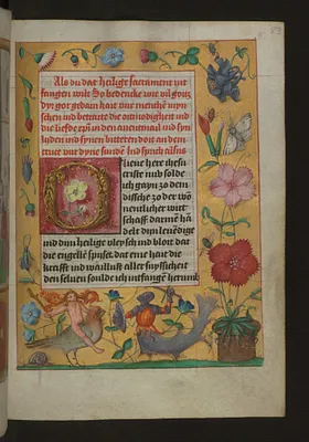 Leaf from Aussem Hours: Prayer of the Sacred Sacrament, Foliate Initial ""O"" with Flowers and Hybrid Creatures in Margins