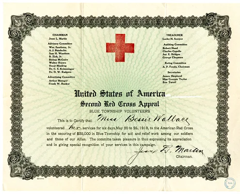 United States Red Cross Appeal Certificate for Bess Wallace