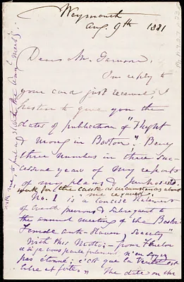 Letter from Maria Weston Chapman, Weymouth, [Mass.], to Francis Jackson Garrison, Aug. 9th, 1881