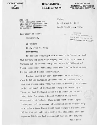 Telegram from Herman Benjamin Baruch to Secrertary of State Edward Stettinius
