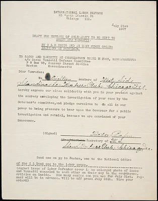 Scandinavian Worker's Club, Chicago printed letter (draft) to [Nicola] Sacco and [Bartolomeo] Vanzetti, Chicago, 21 July 1927